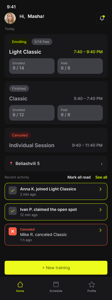 SpikeApp Coach hub screen