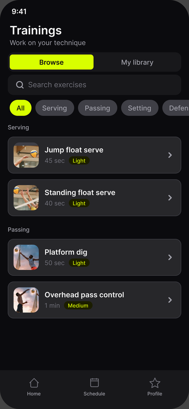 SpikeApp Drills library screen
